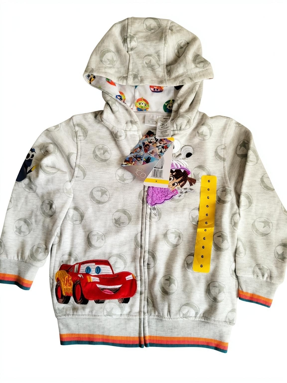 Disney Boy Light Gray Hooded Zip Jacket with Cars Patch & Colorful Trim Size 6